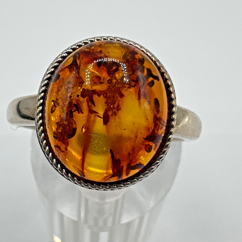 Estate Designer SG Sterling Silver 925 Amber Ring - Size 10.75
